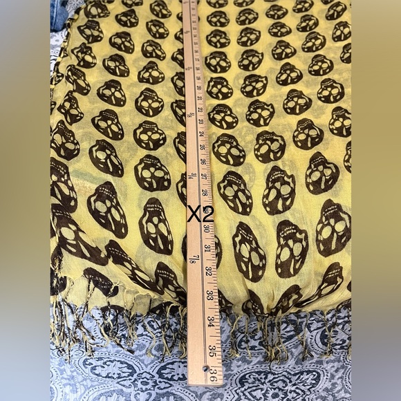 Tasha Pashmina Silk Yellow and Brown Skull Scarf - Picture 6 of 7